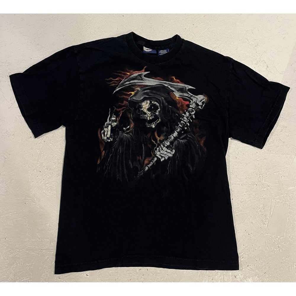 Vintage Greensource Grim Reaper‎ Skull Black T-Shirt Crewneck Size Large